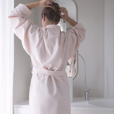peignoir de bain femme nid abeilles haut de gamme rose poudre