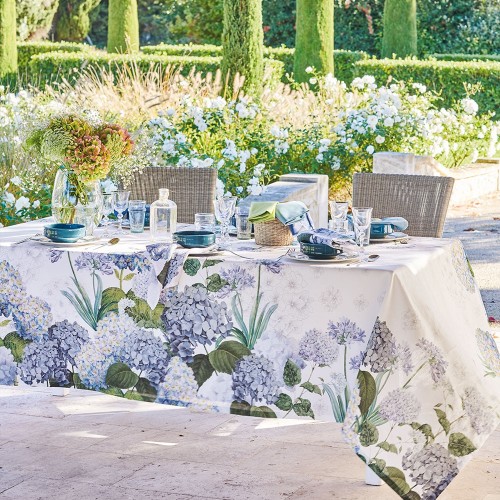 Nappe imprimée métis lin/coton antitache Jardin de Bretagne Bleu, Garnier-Thiébaut