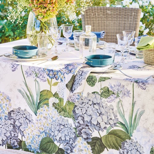 Nappe imprimée métis lin/coton antitache Jardin de Bretagne Bleu, Garnier-Thiébaut
