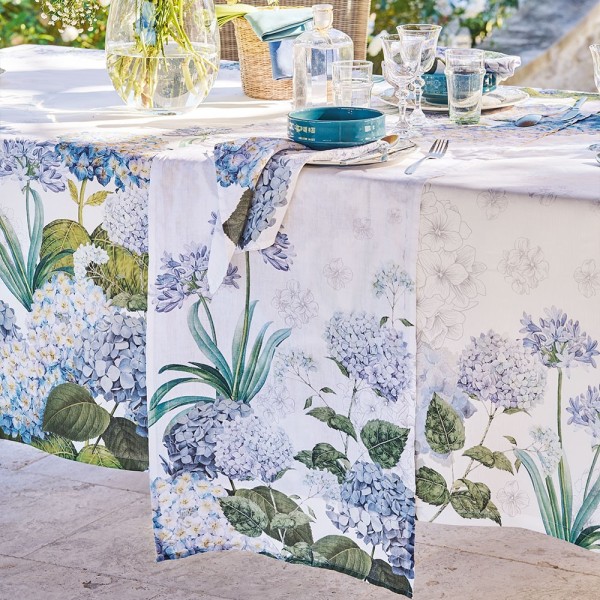Chemin de table imprimé métis lin/coton Jardin de Bretagne Bleu, Garnier-Thiébaut