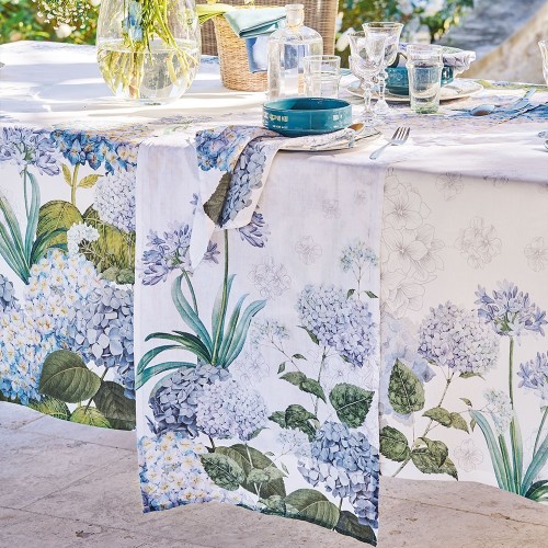 Chemin de table imprimé métis lin/coton Jardin de Bretagne Bleu, Garnier-Thiébaut