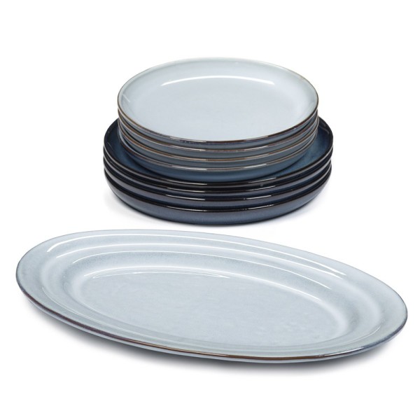 Service Dinner céramique assiettes plates, dessert  et plat ovale Pure Bleu, Pascale Naessens