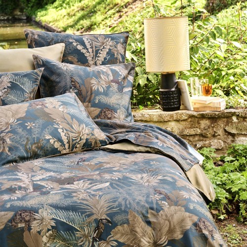 Garnier-Thiébaut - Parure de lit imprimée en satin de coton 120 fils/cm² Rainforest Bleu doré