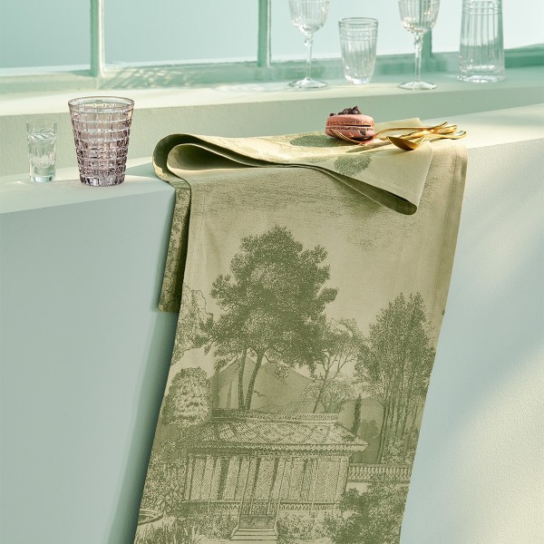 Tissu sur mesure anti tache  Jardin spirituel Olive en 180cm, Garnier-Thiébaut