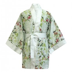 Garnier-Thiébaut - Kimono court imprimé en satin de coton 120 fils/cm² Foliage Vert d'eau
