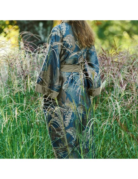 Kimono long imprimé en satin de coton 120 fils/cm² Rainforest Bleu doré, Garnier-Thiébaut