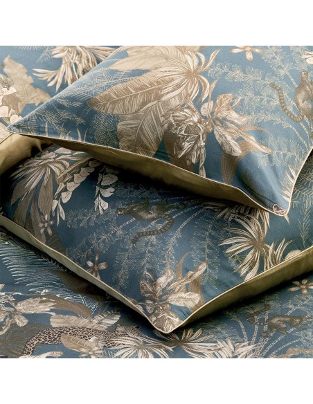 Parure de lit imprimée en satin de coton 120 fils/cm² Rainforest Bleu doré, Garnier-Thiébaut