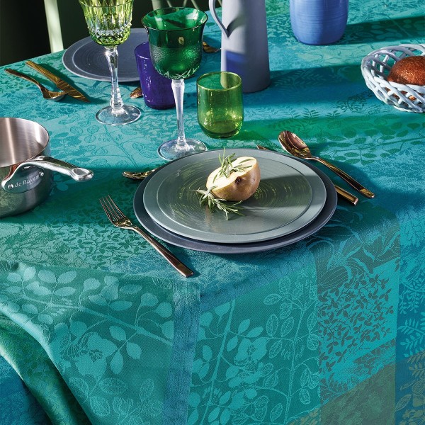 Coton enduit nappe au mètre Mille Rameaux Emeraude laize 180cm, Garnier-Thiébaut