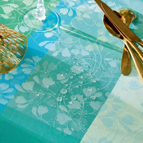 Tissu nappes au mètre coton Mille Feuillages Turquoise laize 185cm, Garnier-Thiébaut