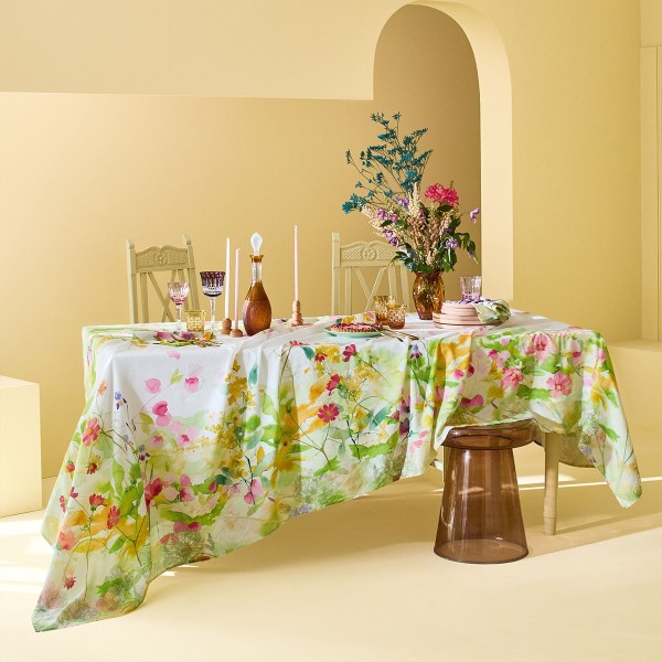 Petit carré déco métis lavé lin et coton Souffle fleuri Printemps 115x115, Garnier-Thiébaut