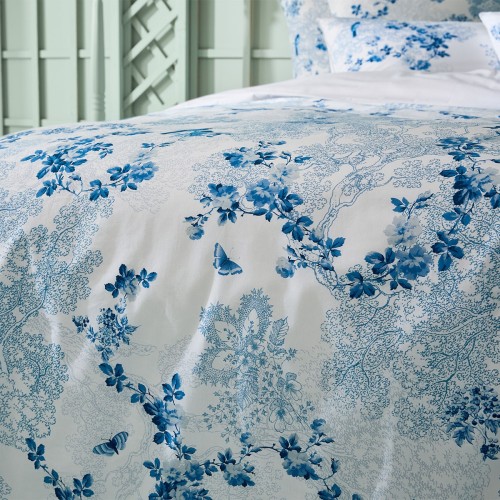 Garnier-Thiébaut - Parure de lit imprimée en percale de coton 80 fils/cm² Volière Bleu
