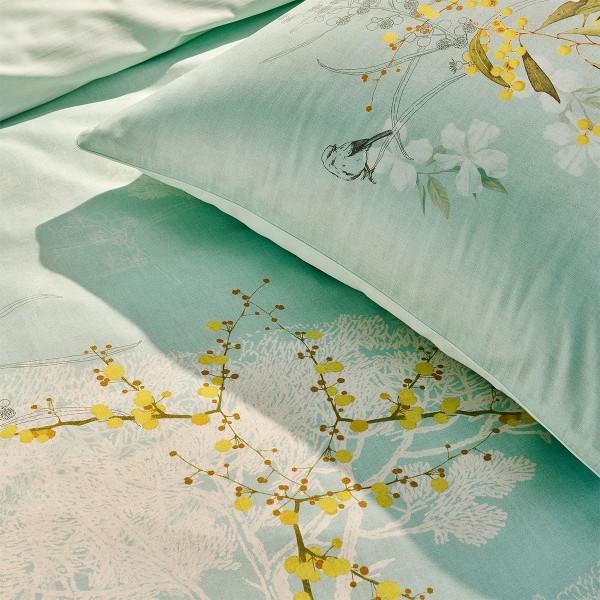 Garnier-Thiébaut - Parure de lit imprimée en satin de coton 120 fils/cm² Mimosas d'été Turquoise