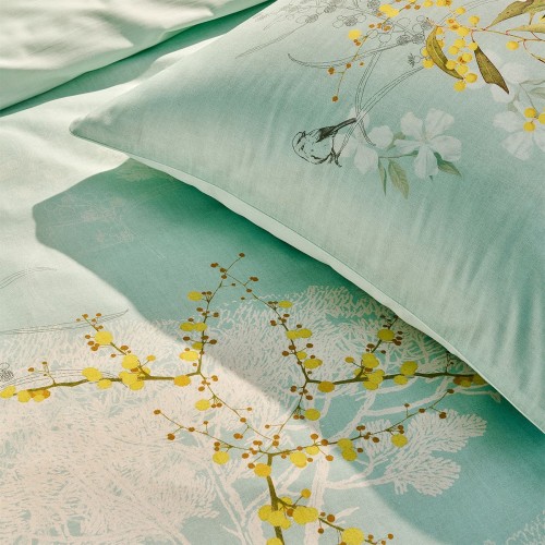 Garnier-Thiébaut - Parure de lit imprimée en satin de coton 120 fils/cm² Mimosas d'été Turquoise