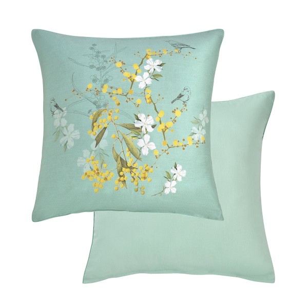 Garnier-Thiébaut - Taies d'oreiller carrées imprimées en satin de coton 120 fils/cm² Mimosas d'été Turquoise