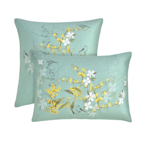 Garnier-Thiébaut - Taies d'oreiller imprimées en satin de coton 120 fils/cm² Mimosas d'été Turquoise