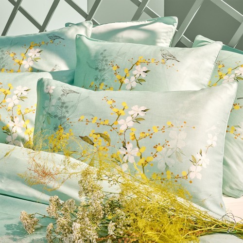 Garnier-Thiébaut - Parure de lit imprimée en satin de coton 120 fils/cm² Mimosas d'été Turquoise