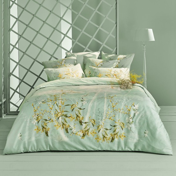Garnier-Thiébaut - Housse de couette imprimée en satin de coton 120 fils/cm² Mimosas d'été Turquoise