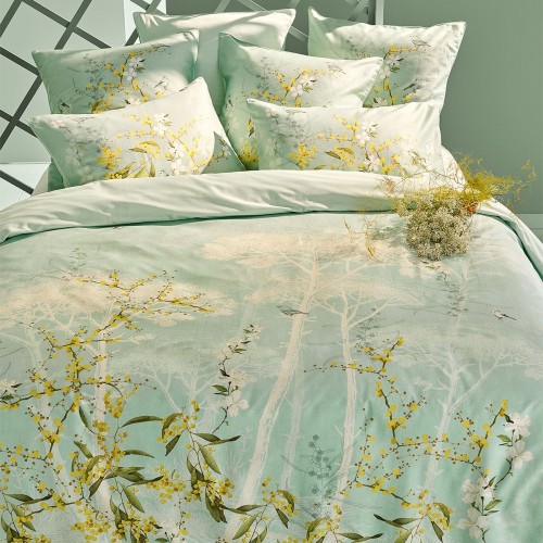 Garnier-Thiébaut - Housse de couette imprimée en satin de coton 120 fils/cm² Mimosas d'été Turquoise