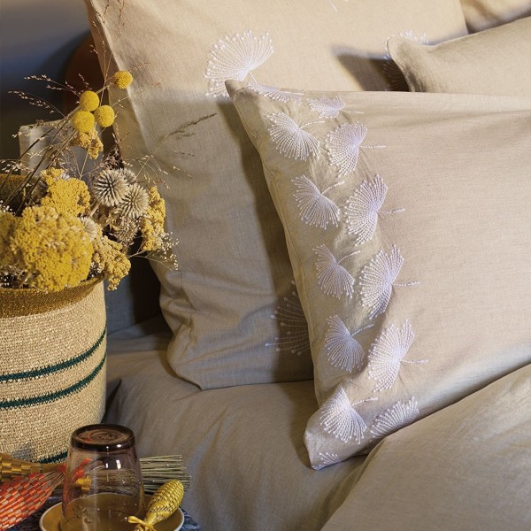 Garnier-Thiébaut - Parure de lit brodée en percale de coton 80 fils/cm² lavé, Brise d'été Naturel