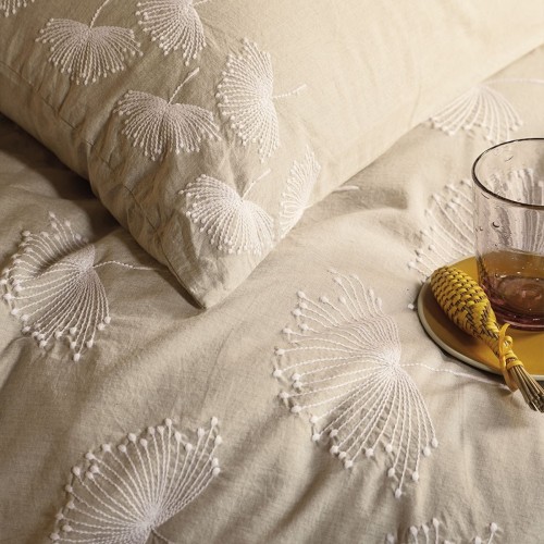 Garnier-Thiébaut - Parure de lit brodée en percale de coton 80 fils/cm² lavé, Brise d'été Naturel