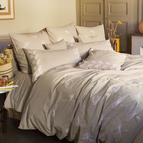 Garnier-Thiébaut - Housse de couette brodée en percale de coton 80 fils/cm² lavé, Brise d'été Naturel
