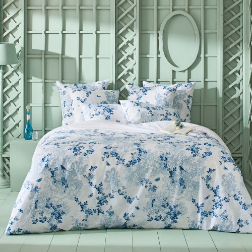 Garnier-Thiébaut - Tissu imprimé en percale de coton 80 fils/cm² Volière Bleu