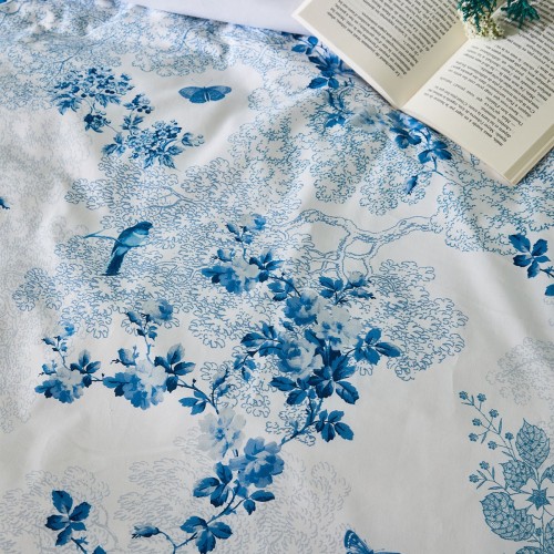 Garnier-Thiébaut - Tissu imprimé en percale de coton 80 fils/cm² Volière Bleu