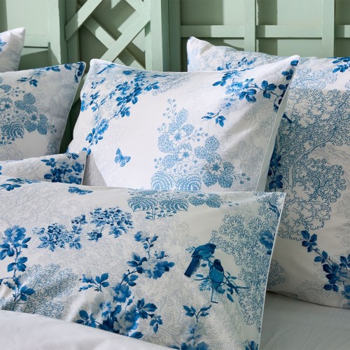 Garnier-Thiébaut - Tissu imprimé en percale de coton 80 fils/cm² Volière Bleu