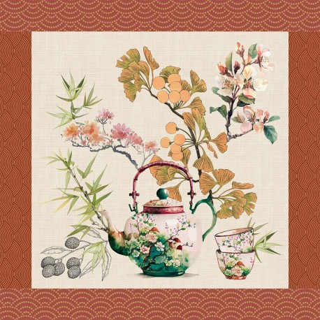 Serviettes de table imprimé métis lin/coton lavé Théières Rouille, Garnier-Thiébaut 