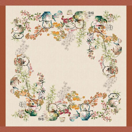Petit carré déco imprimé métis lin/coton lavé Théières Rouille, Garnier-Thiébaut