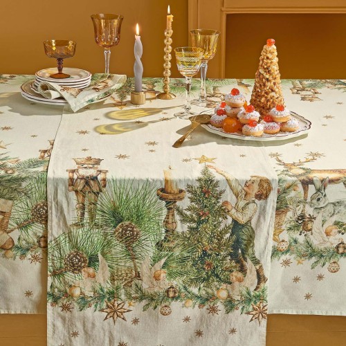Chemin de table imprimé métis lin et coton lavé Noel vintage Doré, Garnier-Thiébaut