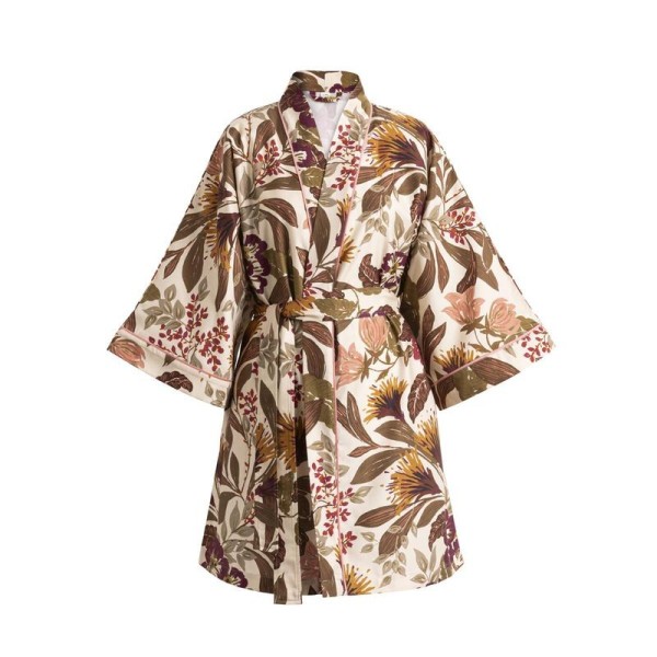 Kimono court satin de coton imprimé Panache de fleurs Miel, Le Jacquard Français