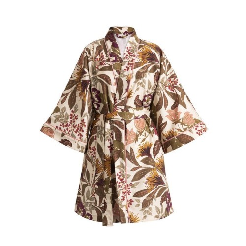 Kimono court satin de coton imprimé Panache de fleurs Miel, Le Jacquard Français