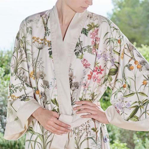 Kimono long imprimé en satin de coton 120 fils/cm² Prairie légère Beige, Garnier-Thiébaut