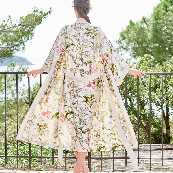 Kimono long imprimé en satin de coton 120 fils/cm² Prairie légère Beige, Garnier-Thiébaut