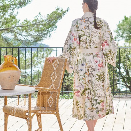 Kimono long imprimé en satin de coton 120 fils/cm² Prairie légère Beige, Garnier-Thiébaut