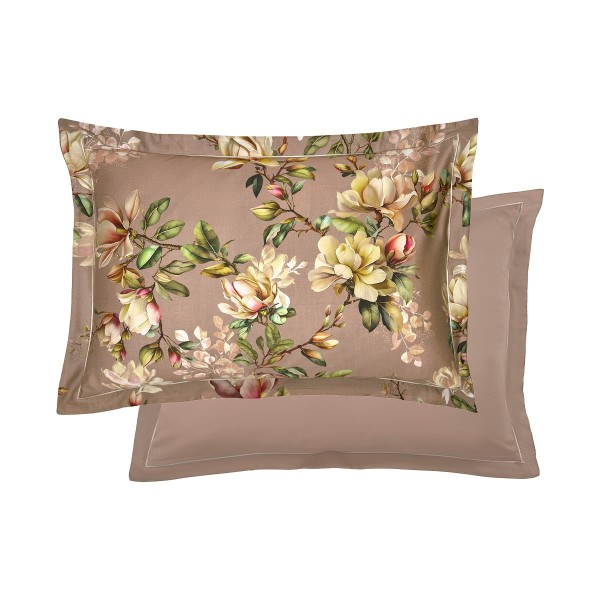 Garnier-Thiébaut - Taie d'oreiller rectangle imprimée en satin de coton 120 fils/cm² Magnolias Rose fumé