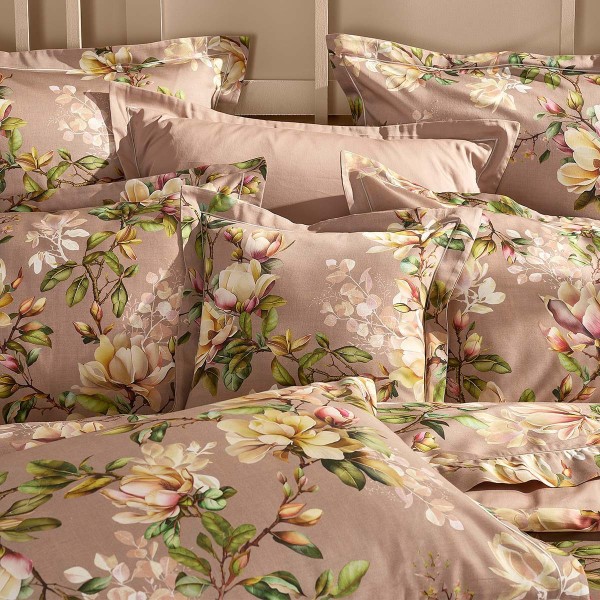Garnier-Thiébaut - Parure de lit imprimée en satin de coton 120 fils/cm² Magnolias Rose fumé