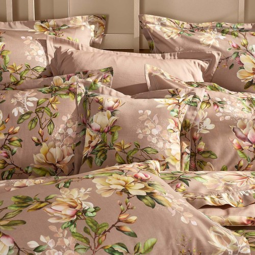 Garnier-Thiébaut - Parure de lit imprimée en satin de coton 120 fils/cm² Magnolias Rose fumé