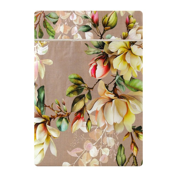 Garnier-Thiébaut - Drap plat imprimé en satin de coton 120 fils/cm² Magnolias Rose fumé