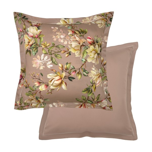 Garnier-Thiébaut - Taiesd'oreiller carrée imprimée en satin de coton 120 fils/cm² Magnolias Rose fumé