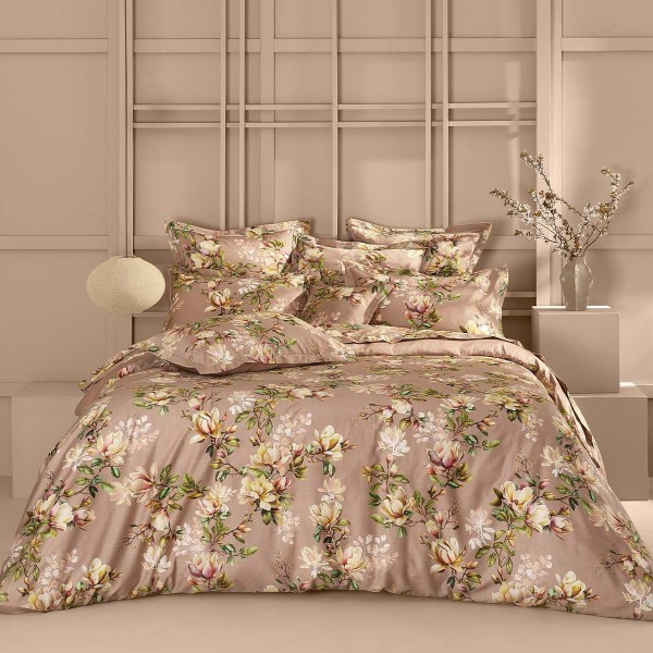 Garnier-Thiébaut - Housse de couette imprimée en satin de coton 120 fils/cm² Magnolias Rose fumé