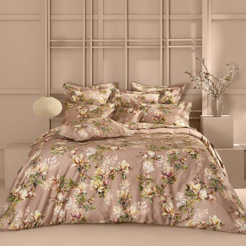 Garnier-Thiébaut - Housse de couette imprimée en satin de coton 120 fils/cm² Magnolias Rose fumé