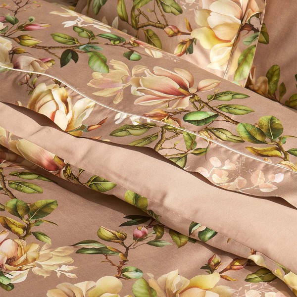 Garnier-Thiébaut - Parure de lit imprimée en satin de coton 120 fils/cm² Magnolias Rose fumé