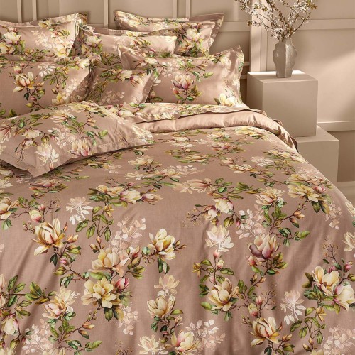 Garnier-Thiébaut - Housse de couette imprimée en satin de coton 120 fils/cm² Magnolias Rose fumé