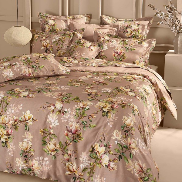 Garnier-Thiébaut - Tissu imprimé en satin de coton 120 fils/cm² Magnolias Rose fumé - Laize 300cm