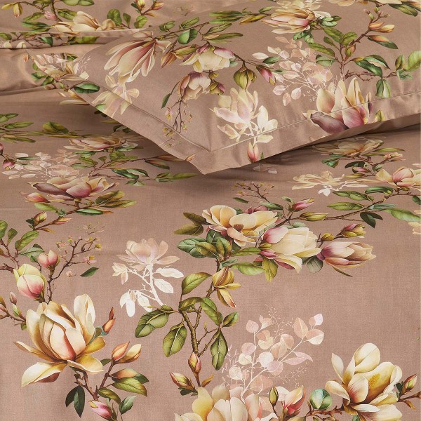 Garnier-Thiébaut - Tissu imprimé en satin de coton 120 fils/cm² Magnolias Rose fumé - Laize 300cm