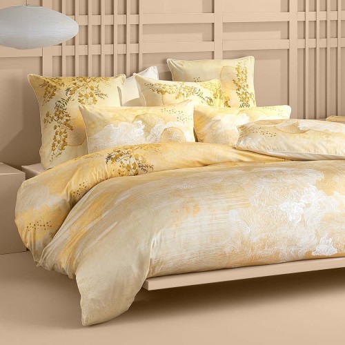 Garnier-Thiébaut - Parure housse de couette imprimée en satin de coton 120 fils/cm² Soleil d'or Doré