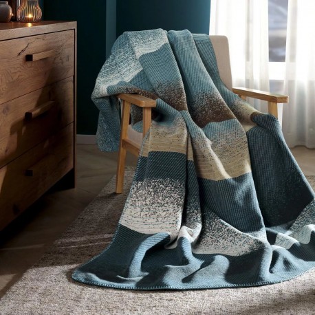 Plaid jacquard coton mélangé Sea Waves Bleu 150x200cm, Garnier-Thiébaut