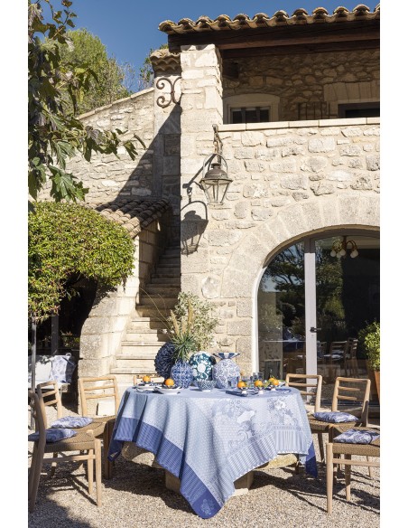 Nappe enduite sur mesure Promenade Impériale Lapis, Laize 180cm, Le Jacquard Français